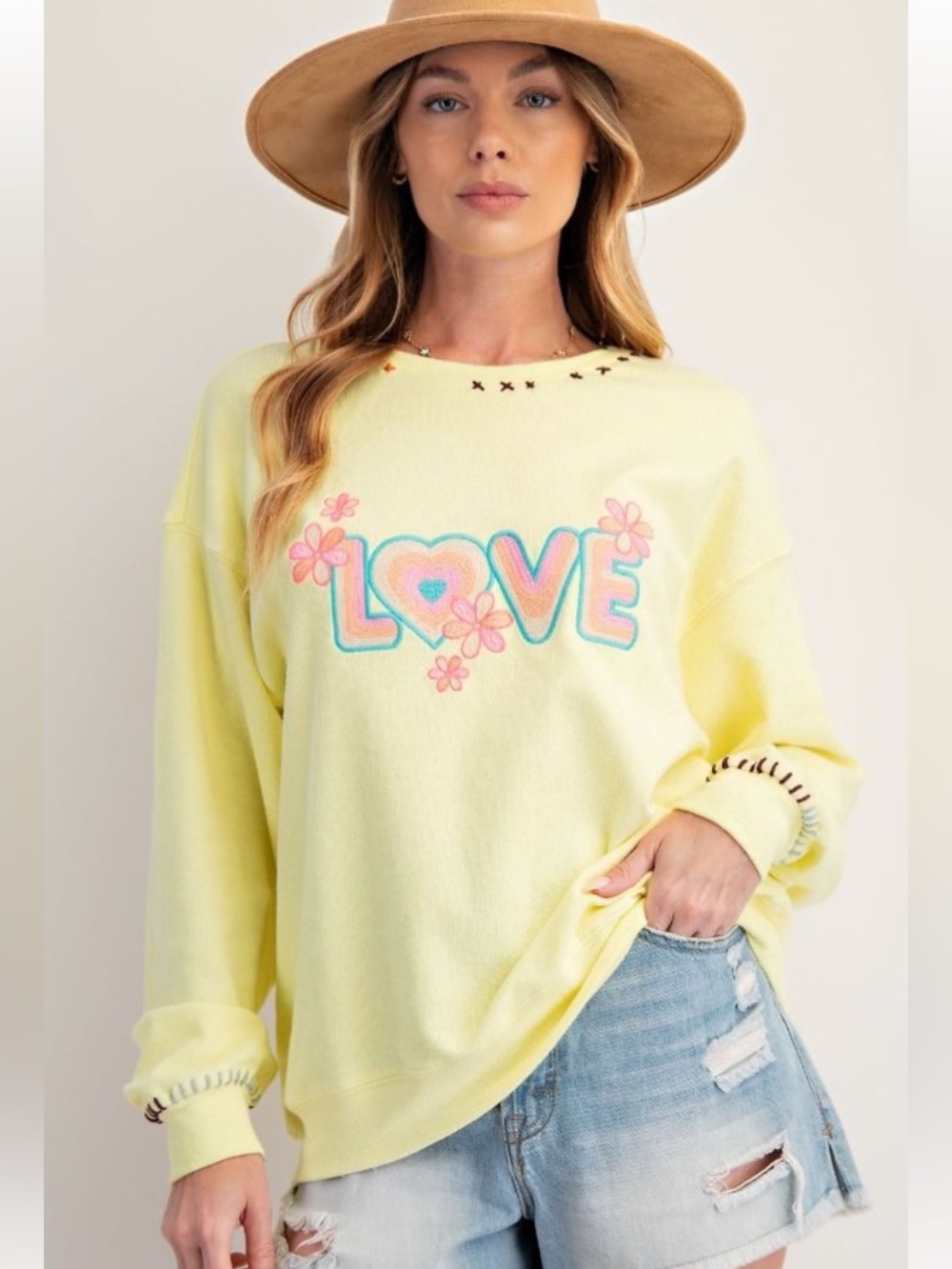easel Yellow Pullover Sweatshirt with Pastel 'LOVE' Embroidery